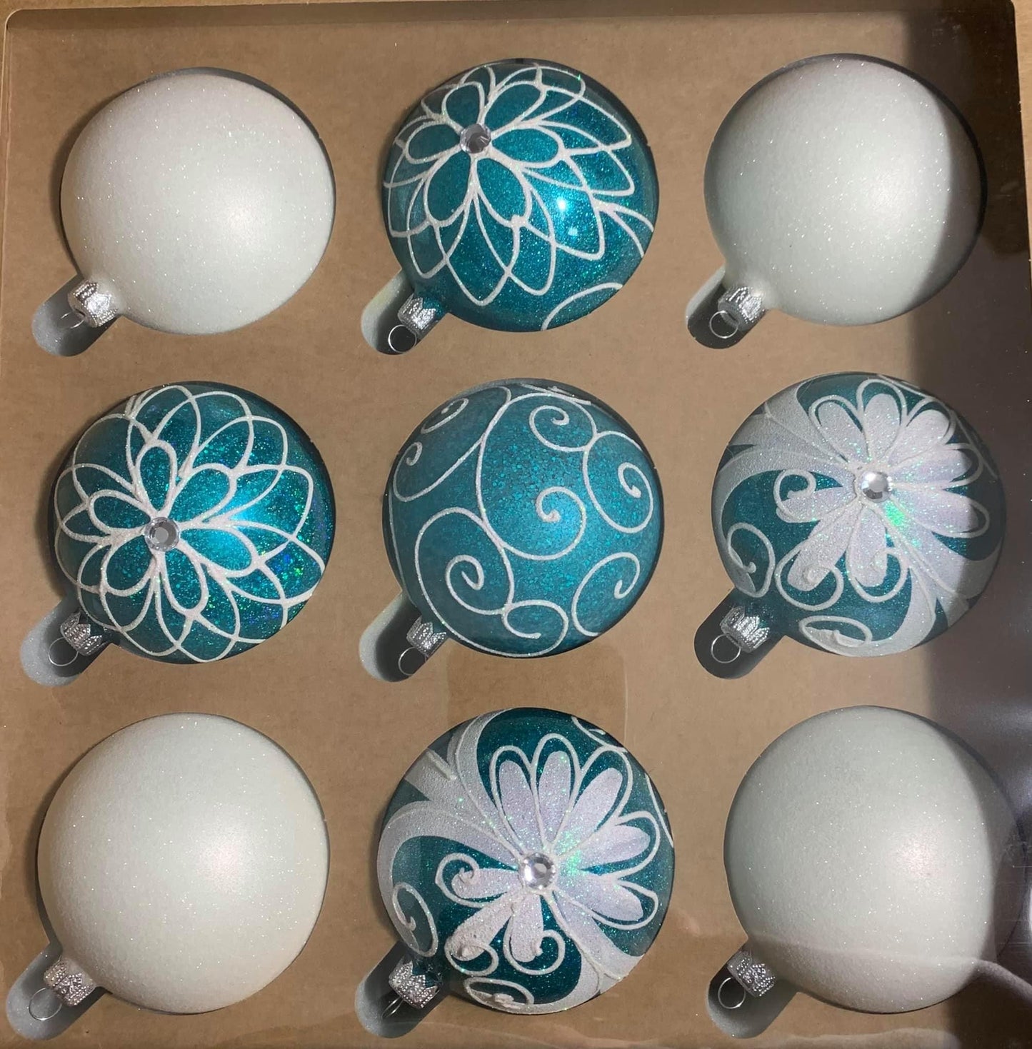 Beautiful Teal & White Colored Christmas Ornament Set