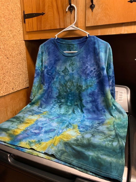 Yellow with some Blue Looking Patterning One OF A Kind Tie Dye 3X Shirt