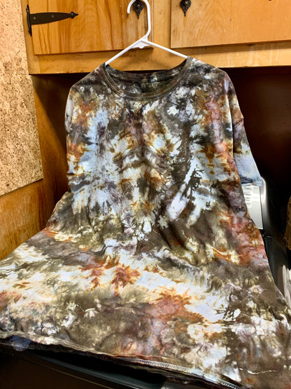 A 3X one of a kind tie dyed black brown Chaos  shirt